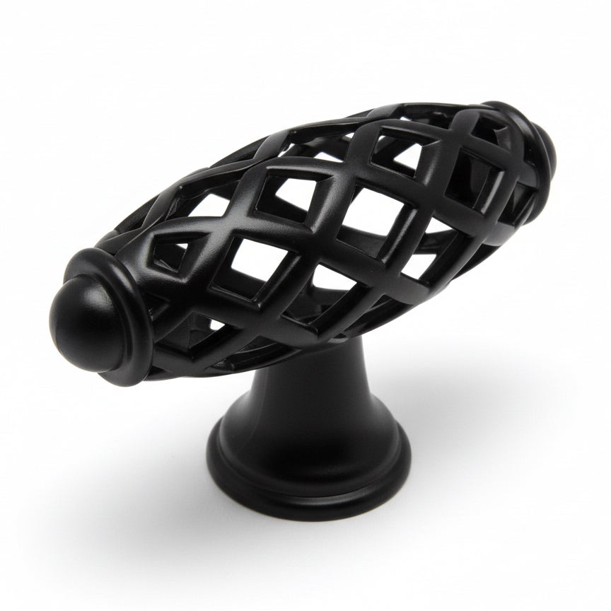 Birdcage cabinet knob in flat black finish with two and a quarter inch length
