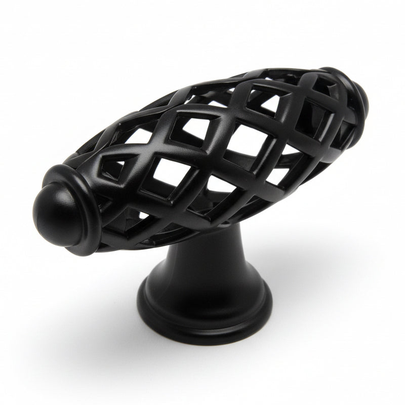 Birdcage cabinet knob in flat black finish with two and a quarter inch length
