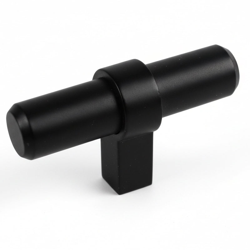 Flat black cabinet knob with euro style t bar shape and two and three eighths inch length