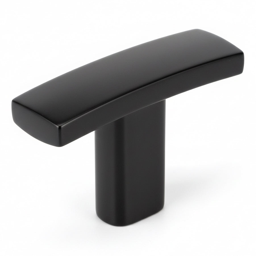 Flat black subtle arch drawer t knob with one and seven sixteenths inch length