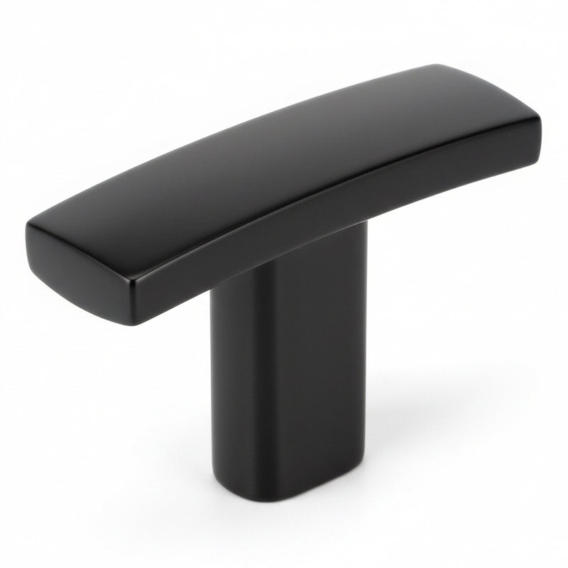 Flat black subtle arch drawer t knob with one and seven sixteenths inch length