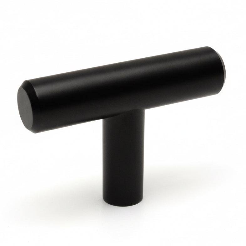 Drawer t knob in flat black finish with euro style and two inch length