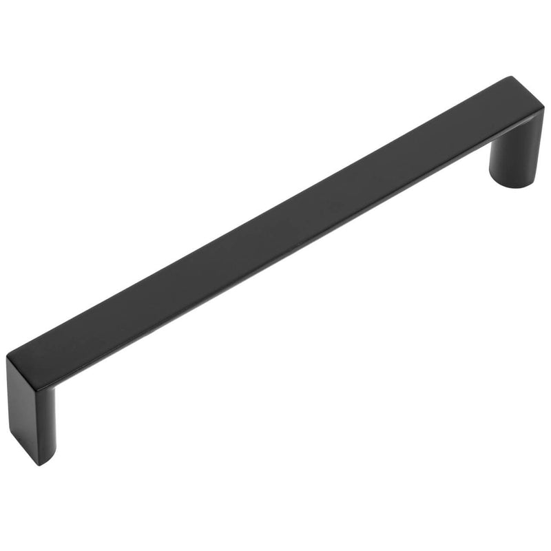 A flat black cabinet pull with a sleek, modern design.