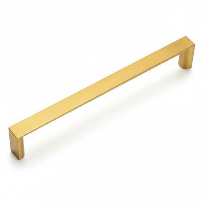 A brushed brass cabinet pull by Cosmas, showing a gold-toned metal bar with a brushed finish.