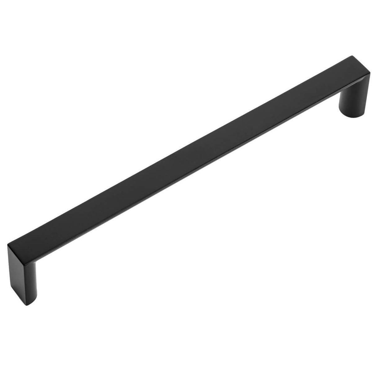 A flat black metal cabinet pull with a sleek, modern design.