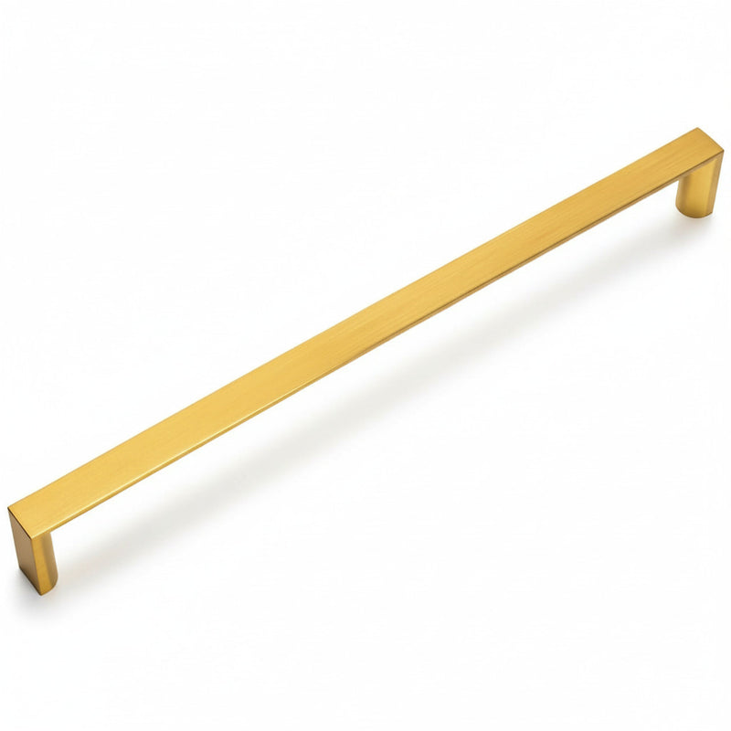 A brushed brass cabinet pull by Cosmas, showing a golden metallic bar with a squared silhouette.