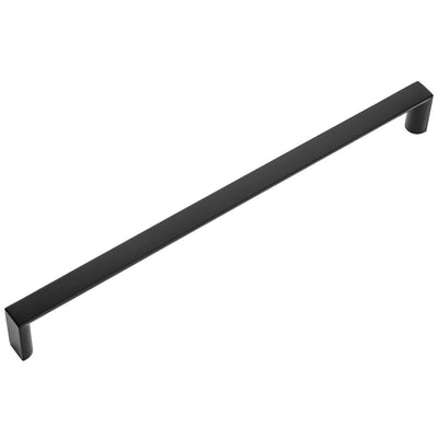 A flat black metal cabinet pull with a sleek, modern design.