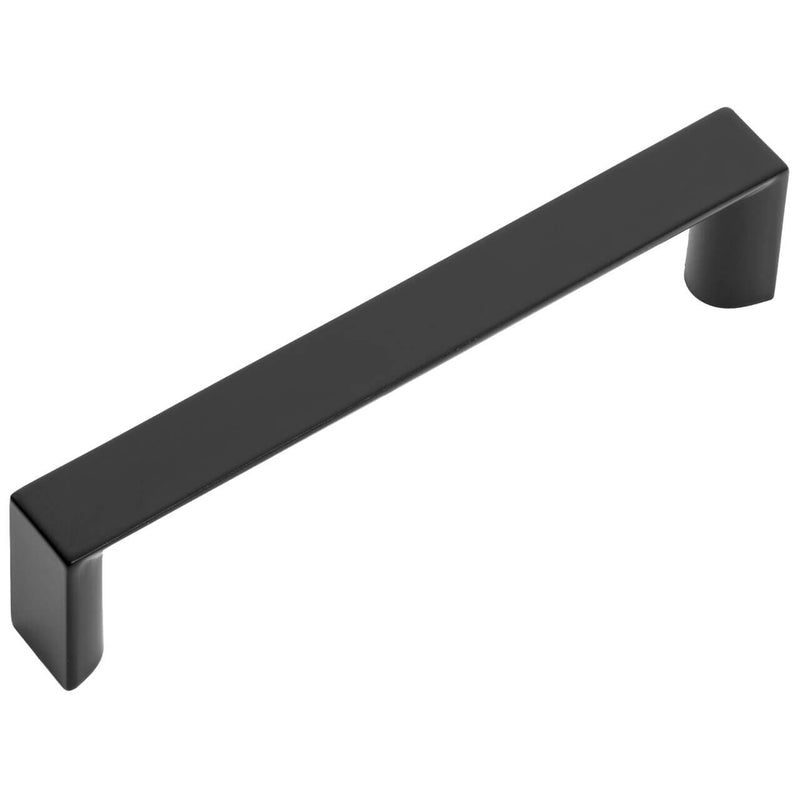 A flat black cabinet pull by Cosmas with a rectangular body and mounting screws visible.
