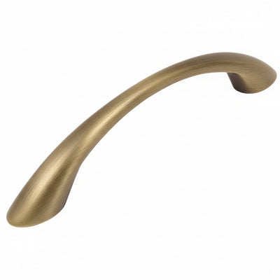 Slim grip handle cabinet pull in brushed antique brass finish with three and three quarters inch hole spacing