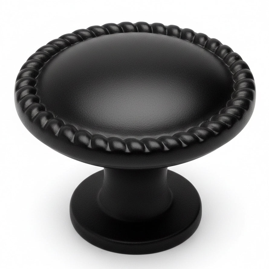 Rope cabinet drawer knob in flat black finish with one and a quarter inch diameter