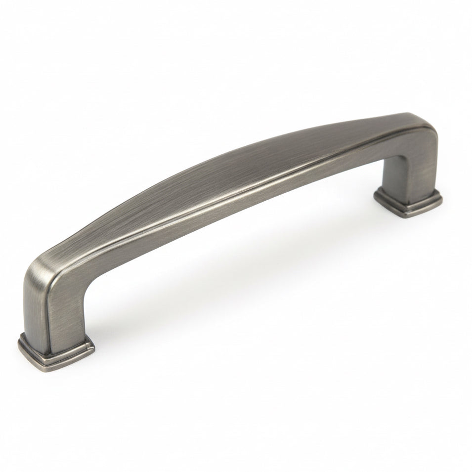 Antique silver cabinet handle with subtle wide shape at the centre of handle and three and a half inch hole spacing