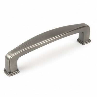 Antique silver cabinet handle with subtle wide shape at the centre of handle and three and a half inch hole spacing