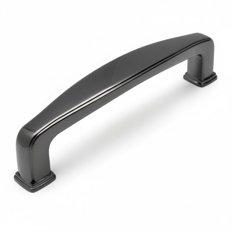 Black nickel handle pull with wide shape in the middle and three and a half inch hole spacing