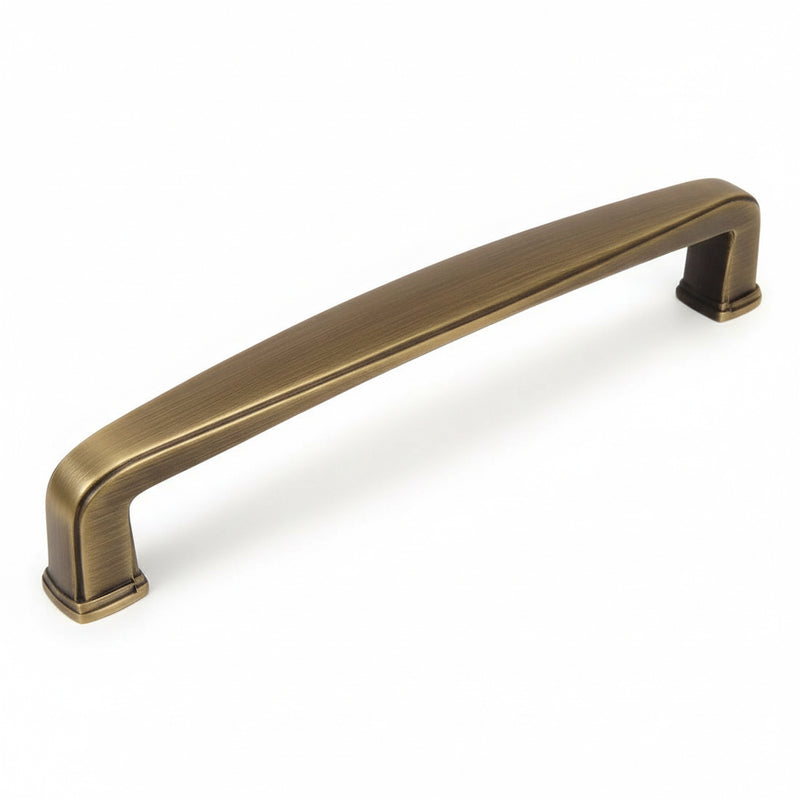 Five inch hole spacing elongated subtle wide handle in brushed antique brass finish