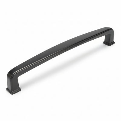 Elongated cabinet pull in black nickel finish with five inch hole spacing