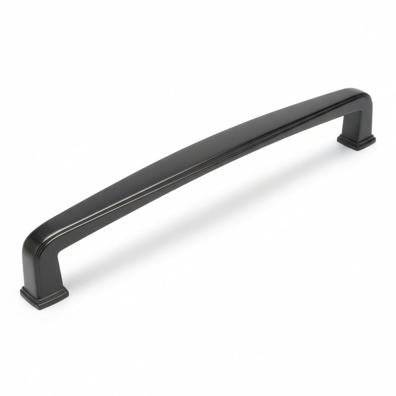 Elongated cabinet pull in black nickel finish with five inch hole spacing