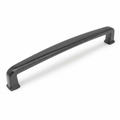 Black nickel cabinet pull with a subtle wide handle and six and five sixteenths inch hole spacing