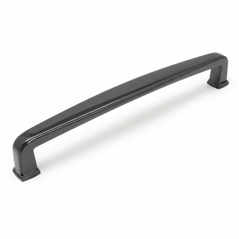 Black nickel cabinet pull with a subtle wide handle and six and five sixteenths inch hole spacing