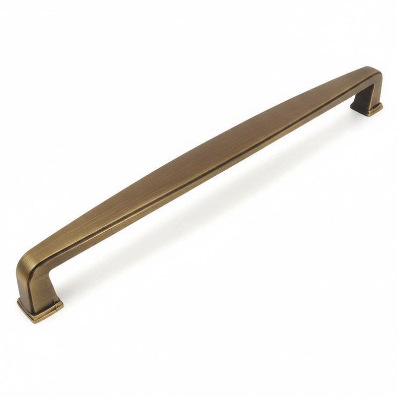 Brushed antique brass cabinet pull with a subtle wide handle and seven and a half inch hole spacing