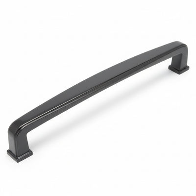 Cabinet drawer pull with a subtle wide design in black nickel finish with seven and a half inch hole spacing