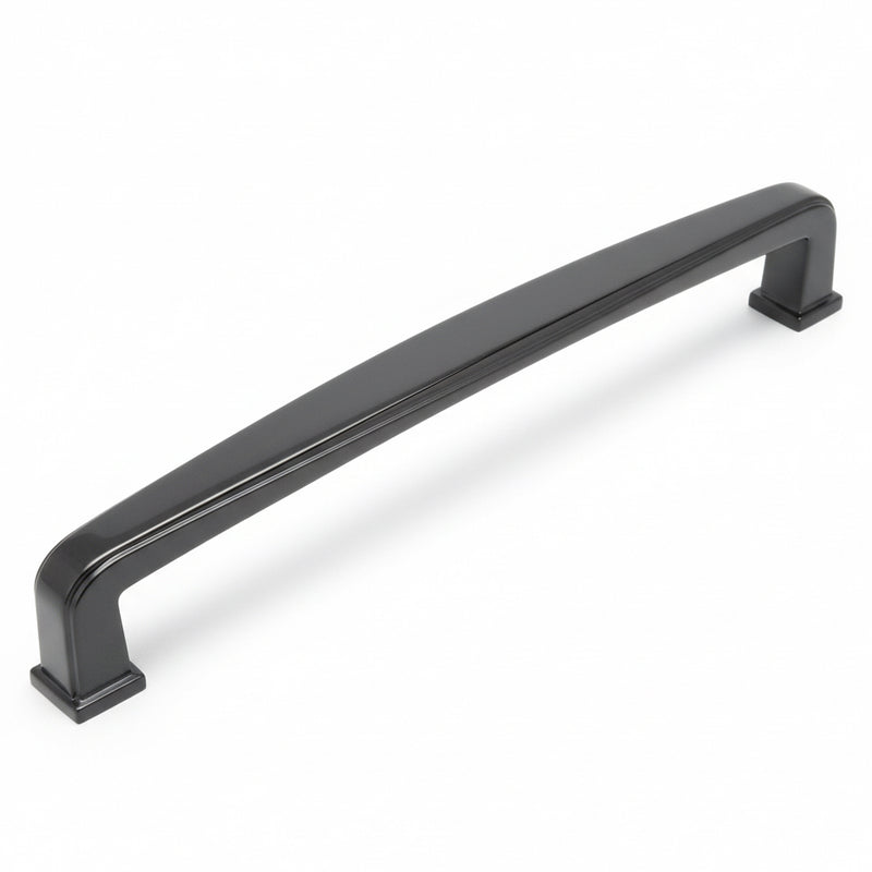 Cabinet drawer pull with a subtle wide design in black nickel finish with seven and a half inch hole spacing