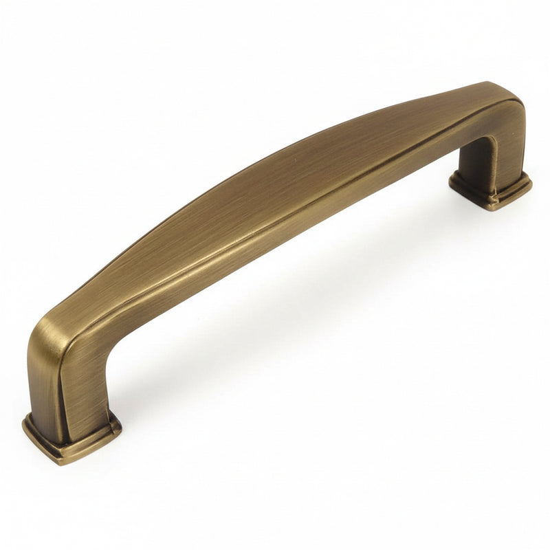 Brushed antique brass cabinet pull with wide design and three and three quarters inch hole spacing