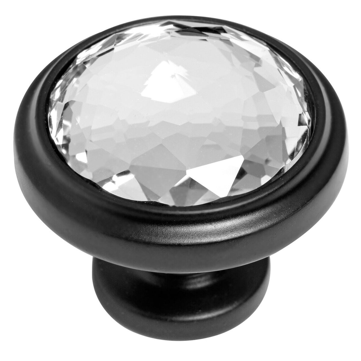 Flat black cabinet knob with clear glass inset