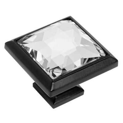 Flat black square cabinet knob with clear glass inset