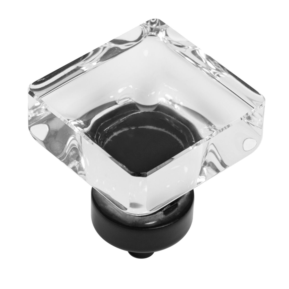 A square cabinet knob with flat black finish and clear glass.