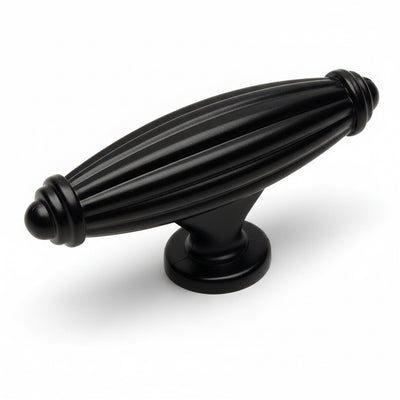 Drawer knob in flat black finish with pointy ends and two and five eighths inch length
