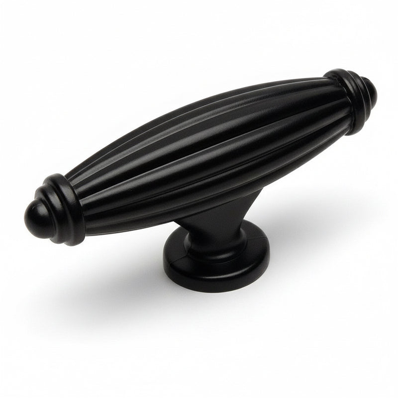 Drawer knob in flat black finish with pointy ends and two and five eighths inch length