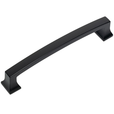 A flat black cabinet pull with a sleek, modern design.