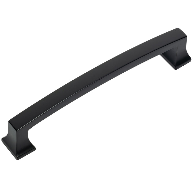 A flat black cabinet pull with a sleek, modern design.