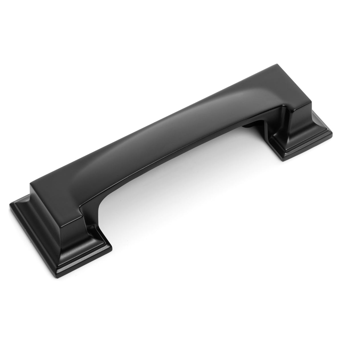 A flat black cabinet pull with two sets of holes on the back for different mounting options.