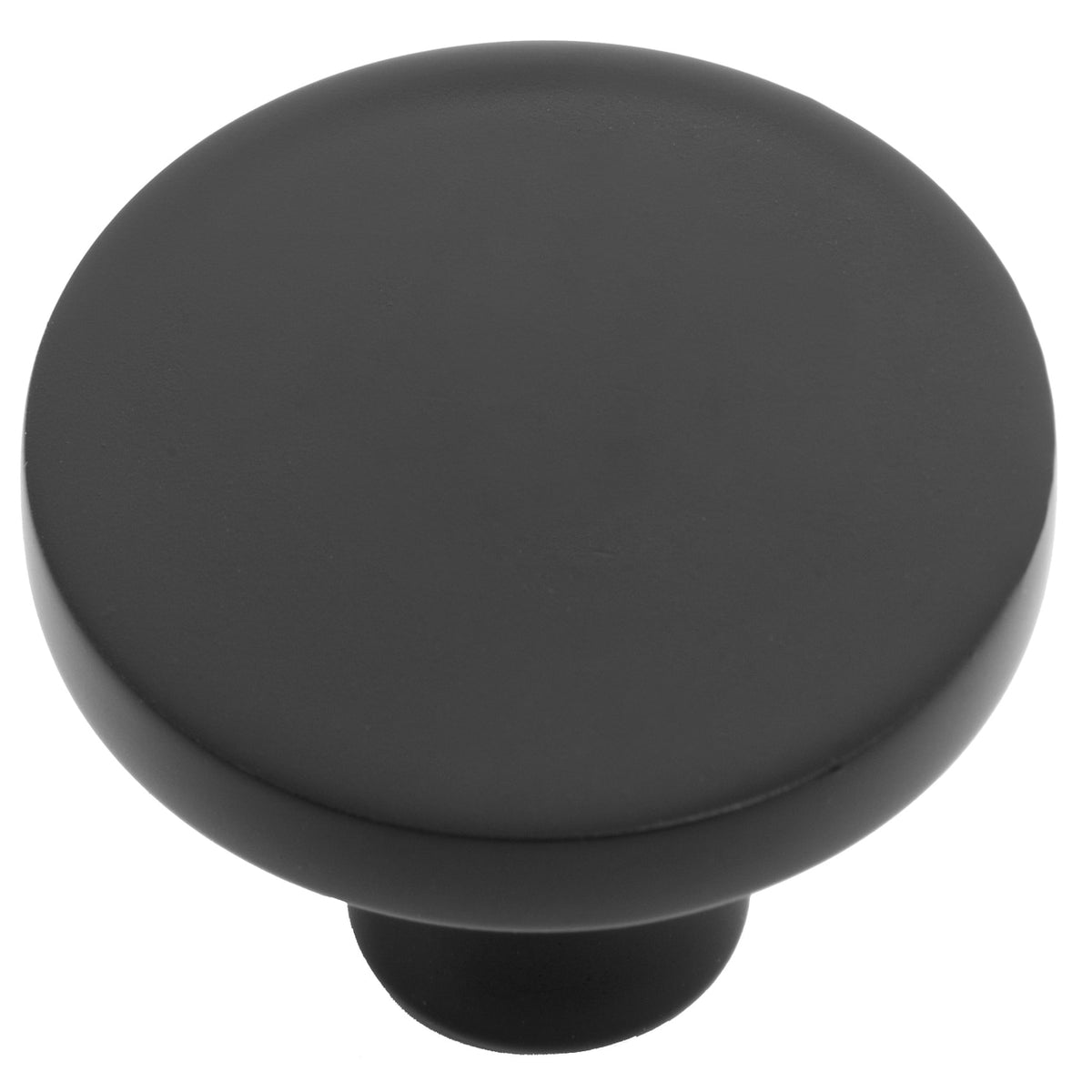 A flat black cabinet knob by Cosmas.