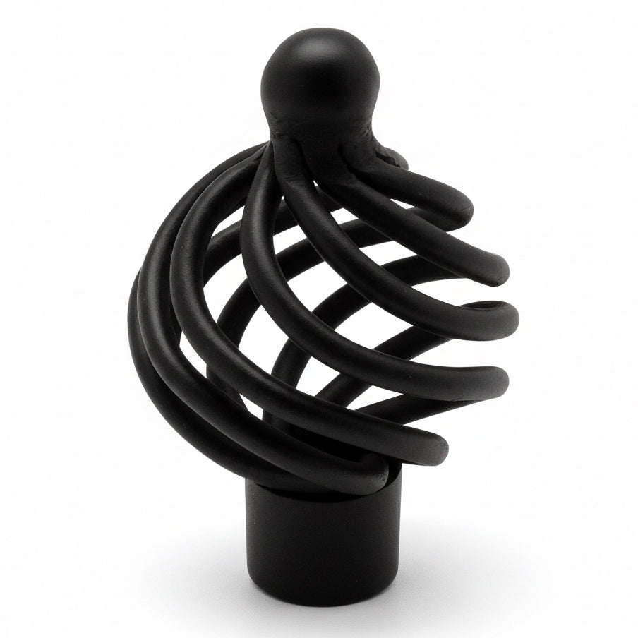 Birdcage knob in flat black finish with one and a quarter inch diameter