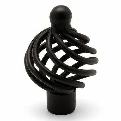 Birdcage knob in flat black finish with one and a quarter inch diameter