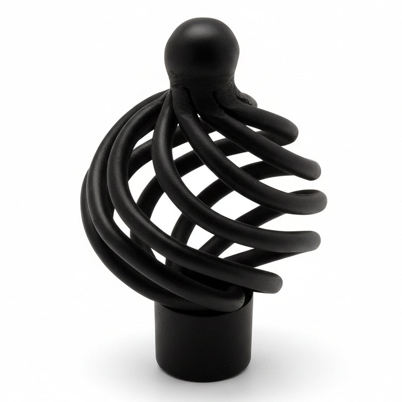 Birdcage knob in flat black finish with one and a quarter inch diameter