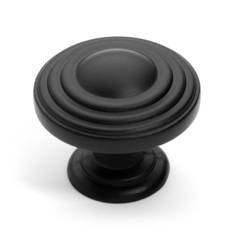 Newport raised center drawer knob in flat black finish with stacking rings design