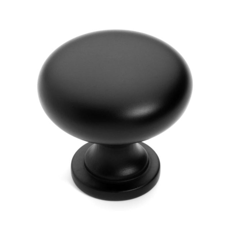Basic classic design cabinet knob in flat black finish with round shape and small diameter at the base