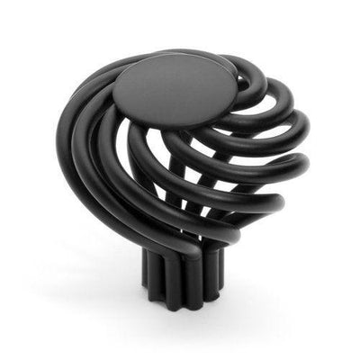 Birdcage cabinet knob in black finish with spiral design and one and a half inch diameter