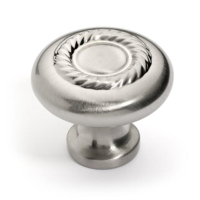 Satin nickel drawer knob with rope design and one and a quarter inch diameter