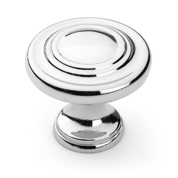 Shiny polished chrome drawer knob with rings accent and one and a quarter inch diameter