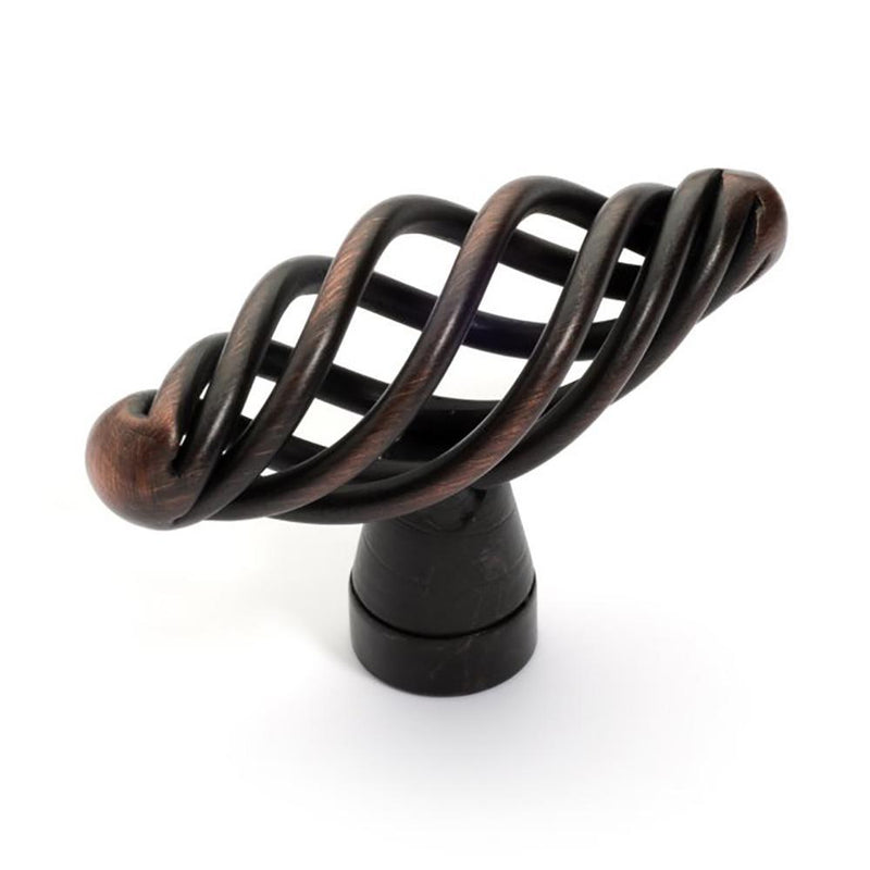 Cabinet knob with croissant shaped birdcage design in oil rubbed bronze finish