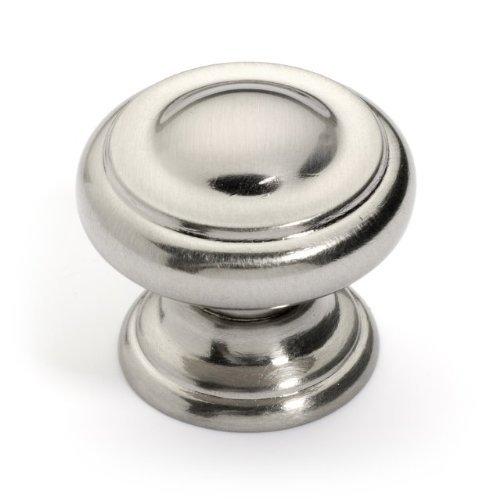 Round satin nickel cabinet knob with raised center and one and three sixteenths inch diameter