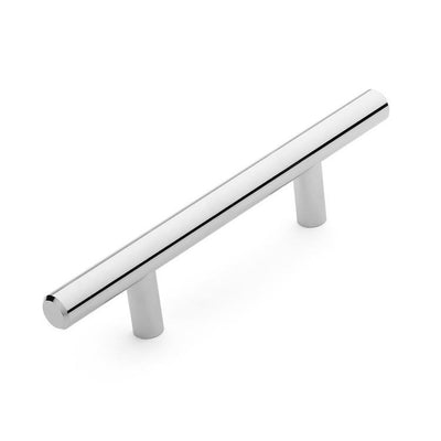 Straight bar drawer pull in polished chrome finish with three inch hole spacing