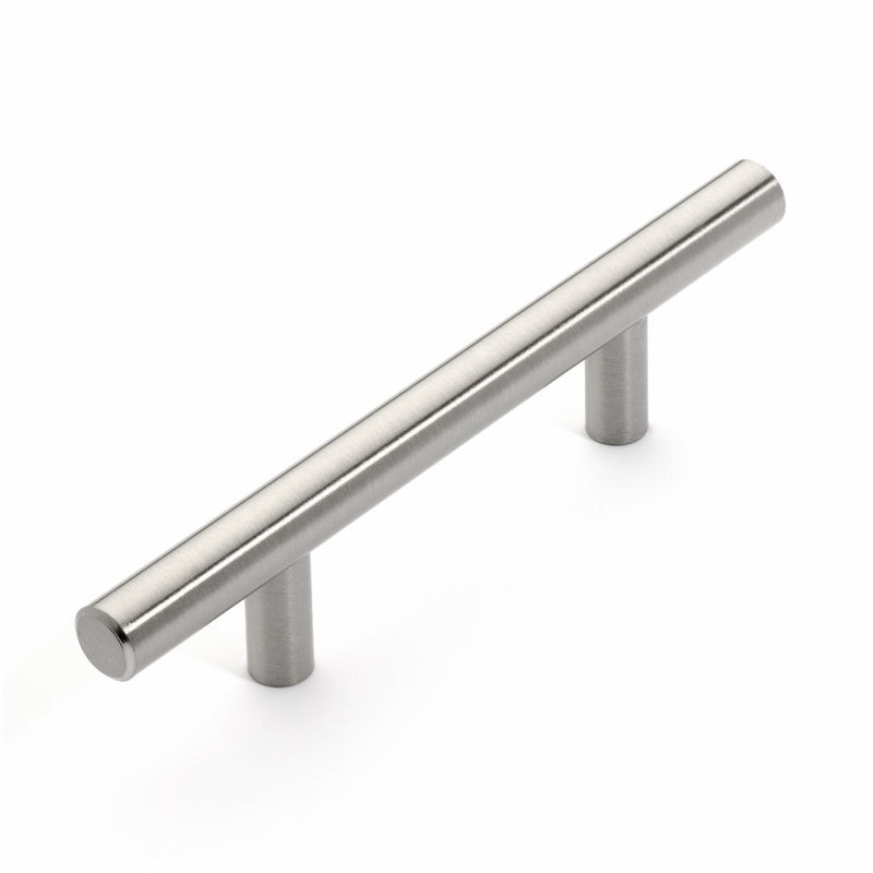 European straight bar pull in satin nickel finish with three inch hole spacing