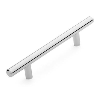 Polished chrome straight cabinet pull with four inch hole spacing
