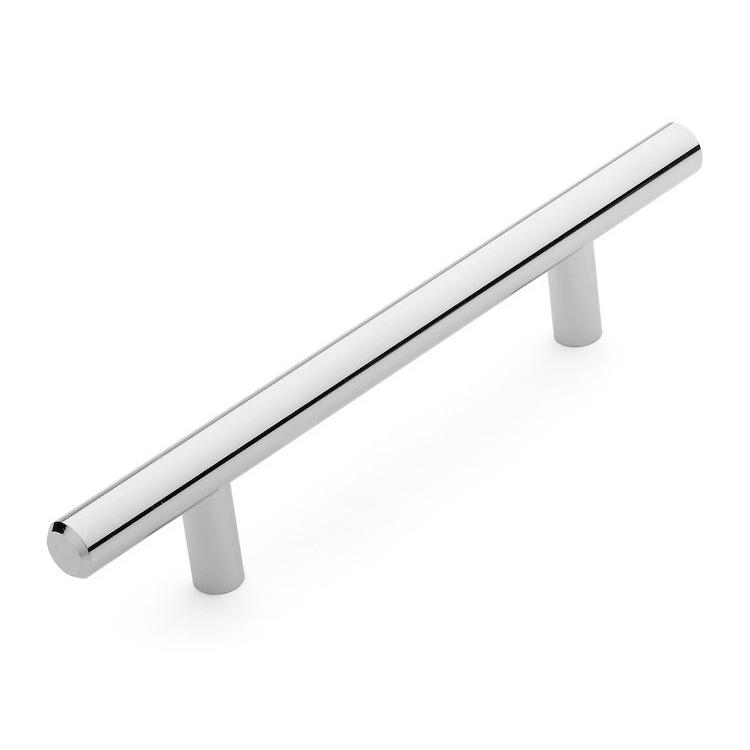 Polished chrome straight cabinet pull with four inch hole spacing