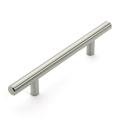 Satin nickel furniture knob with straight bar style and four inch hole spacing